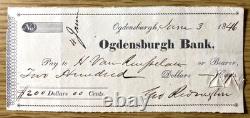 1846 HENRY BELL VAN RENSSELAER Civil War General $200 bank check OGDENSBURG N. Y