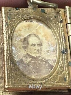 1860s CIVIL WAR MINIATURE BOOK FORM LOCKET WithGEM PHOTOS -Abe Lincoln & General