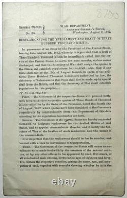 1862 CIVIL War Militia Draft Regulations General Orders 99 Lincoln Rare Historic