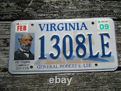 2009 Virginia General Robert E Lee License Plate 1308 LE VA South Civil War