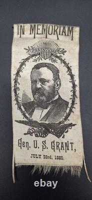 Antique 1885 General Ulysses S. Grant printed fabric memorial ribbon Civil War
