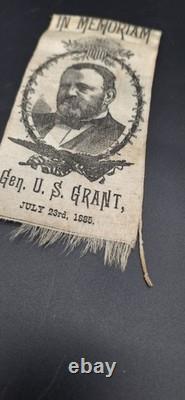 Antique 1885 General Ulysses S. Grant printed fabric memorial ribbon Civil War