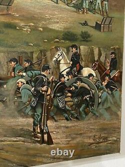 Antique 19c US CIVIL WAR Battle Oil Painting General Ulysses S. Grant Signed