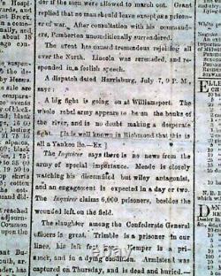 BATTLE OF GETTYSBURG Pennsylvania CONFEDERATE Account 1863 Civil War Newspaper