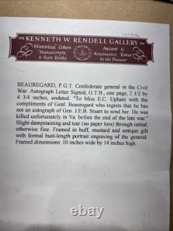 CIVIL WAR GENERAL PIERRE G. T. BEAUREGARD ORIGINAL SIGNED LETTER FRAMED With COA