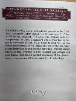 CIVIL WAR GENERAL PIERRE G. T. BEAUREGARD ORIGINAL SIGNED LETTER FRAMED With COA