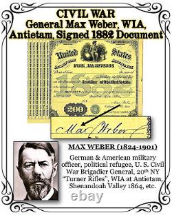 CIVIL WAR General MAX WEBER, WIA Antietam, Signed 1882 Document