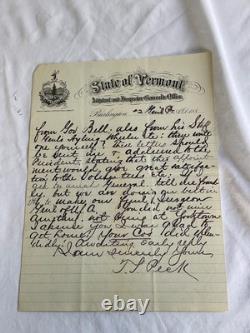 CIVIL War Vermont General J S Peck Letter 1881 To Gen. J Patterson Vt Stationary