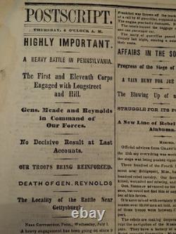 Civil War Newspapers- BATTLE OF GETTYSBURG, VERY 1ST NEWS, GENERAL REYNOLDS DEAD
