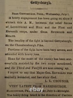 Civil War Newspapers- BATTLE OF GETTYSBURG, VERY 1ST NEWS, GENERAL REYNOLDS DEAD