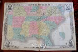 Civil War Southern Confederacy 1863 map with Lincoln & military Generals portrait