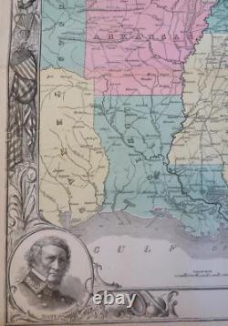 Civil War Southern Confederacy 1863 map with Lincoln & military Generals portrait
