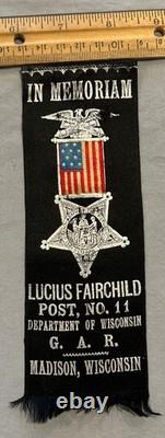 Rare GAR Civil War Iron Brigade General Fairchild Memoriam Ribbon 2nd Wisconsin