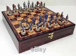 US AMERICAN CIVIL WAR Generals Painted Chess Set 17 Cherry Color STORAGE BOARD