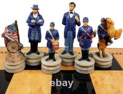 US American Civil War General Queens Painted Chess Set With 18 Walnut Color Board