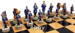 US American Civil War General Queens Painted Chess Set With 18 Walnut Color Board