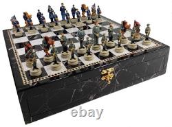 US Civil War General QNS Chess Set W 17 Black & White Faux Marble Storage Board