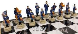 US Civil War General QNS Chess Set W 17 Black & White Faux Marble Storage Board