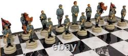 US Civil War General QNS Chess Set W 17 Black & White Faux Marble Storage Board