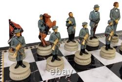 US Civil War General QNS Chess Set W 17 Black & White Faux Marble Storage Board